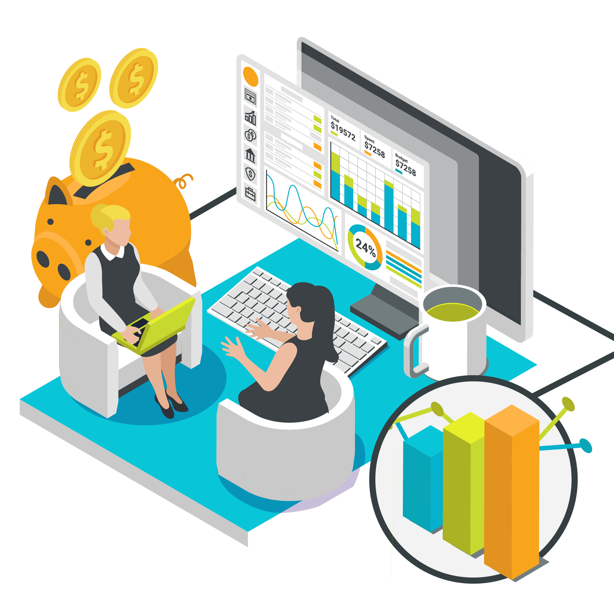 Isometric Illustration of 2 people sitting down for meeting with charts around them